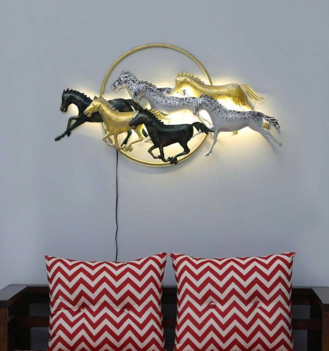 Seven Running Horses with Golden Ring Wall Art With LED Decorninja