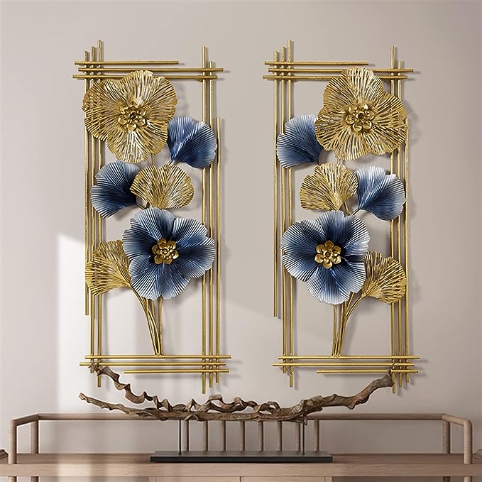 Blue Gold Leaf Hanging Wall Art - Set of 2