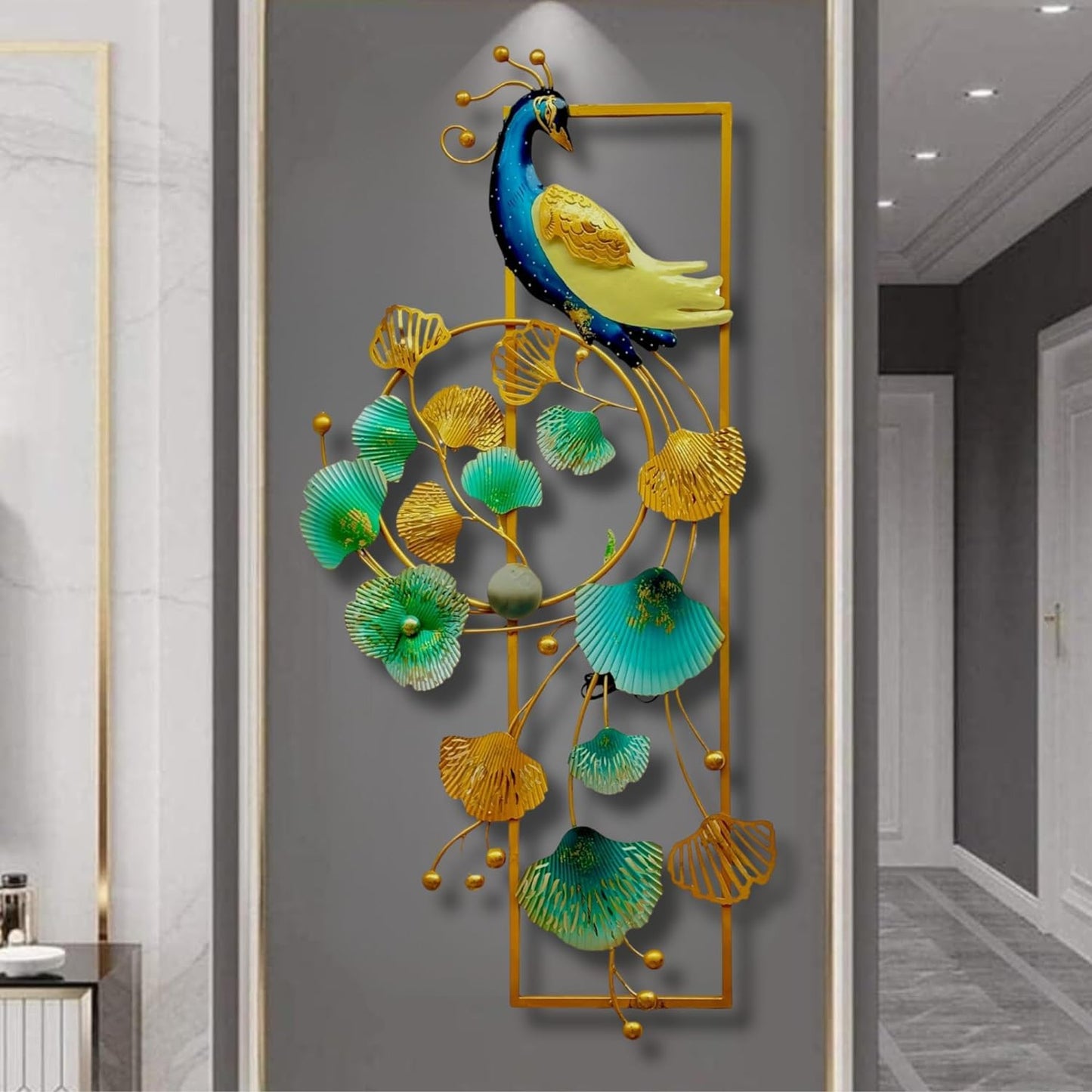 Exquisite Peacock and Ginkgo Leaves Metal Wall Decor with LED Lighting