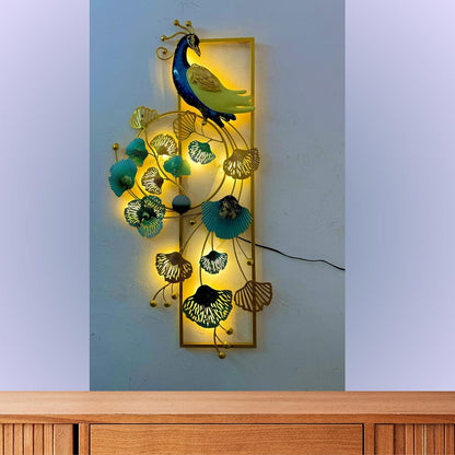 Exquisite Peacock and Ginkgo Leaves Metal Wall Decor with LED Lighting