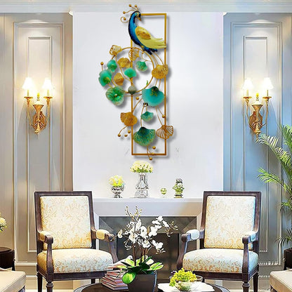 Exquisite Peacock and Ginkgo Leaves Metal Wall Decor with LED Lighting