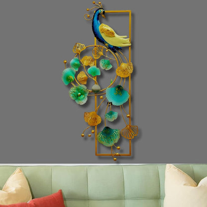 Exquisite Peacock and Ginkgo Leaves Metal Wall Decor with LED Lighting