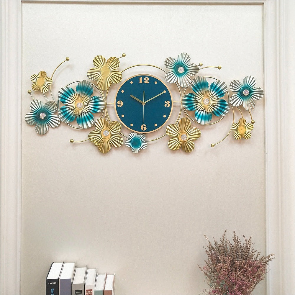 Blue & Golden Floral Metal Wall Clock