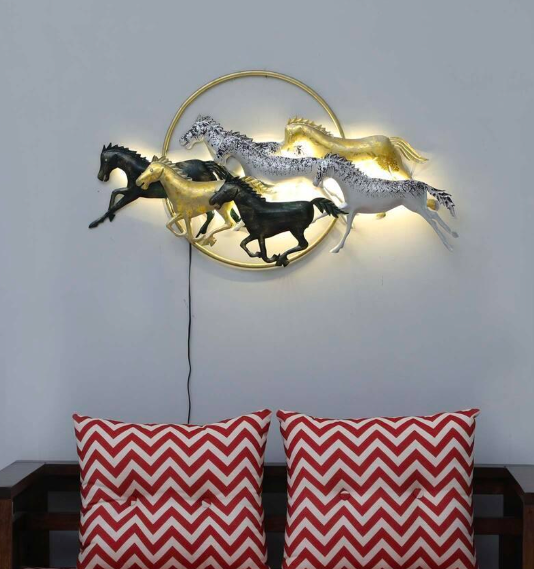 Seven Running Horses with Golden Ring Wall Art With LED