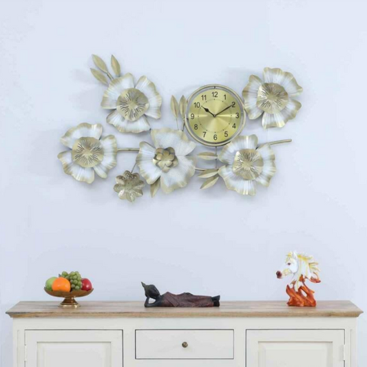 White & Golden Floral Style Metal Wall Clock