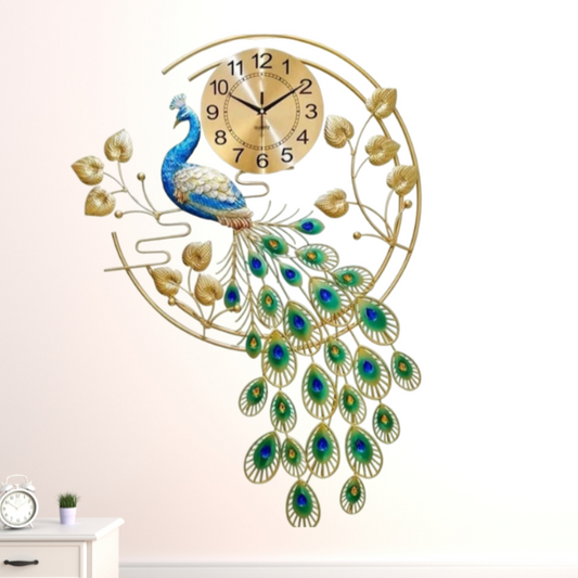 Golden Floral Peacock Metal Wall Clock