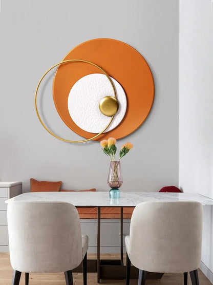 Orange & White Disk With Golden Ring Metal Wall Art