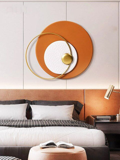 Orange & White Disk With Golden Ring Metal Wall Art