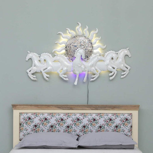 7 Running Horse With Sunrise Wall Art With LED - White